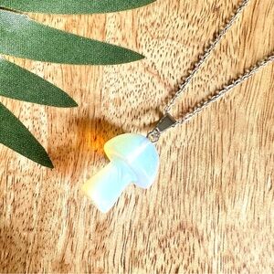 3/$22🩶 Tiny Mushroom Opalite Silver Necklace Cottage Boho Toadstool NEW